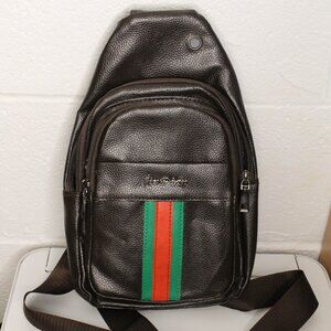 Faux Leather Sling Backpack Crossbody Bag Brown w/ Green & Red Stripe